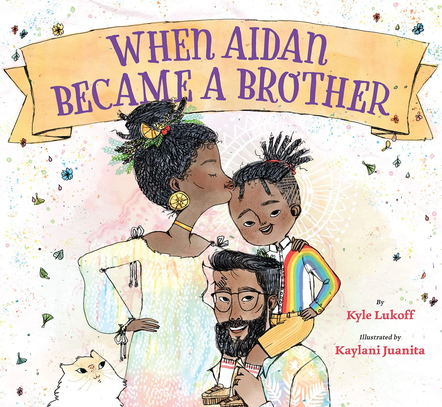 Book cover showing a young boy with a rainbow-decorated shirt and tied-up hair on the shoulders of his father, while being kissed on the forehead by his visibly pregnant mother.  Above the three people is a banner saying 'WHEN AIDEN BECAME A BROTHER'.  The lower right portion of the cover names the book's author and illustrator.