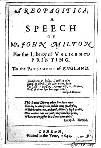Title page beginning 'AREOPAGITICA / A / SPEECH . OR / Mr. JOHN MILTON / For the Liberty of Vnlicenc'd / PRINTING, / To the Parlament of ENGLAND'.  Following this are two quotations from Euripides (one in Greek, one English), and 'LONDON / Printed in the Yeare, 1644'.