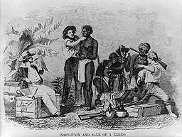 The inspection and sale of a Negro.African man being inspected prior to sale into slavery. Also present are African slave traders who are presumably selling the man to white traders. Engraving by Whitney, Jocelyn & Annin, after Frank Blackwell Mayer, was originally published in Captain Canot, or Twenty Years of an African Slaver by Brantz Mayer. It depicts an African man being inspected by a white man while another white man talks with slave traders.