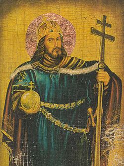 Statue of King St. Stephen of Hungary in Esztergom, Main Square, Holy Trinity statue.