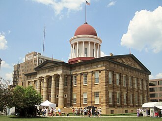 The Illinois State Capitol in Springfield, a national landmark (1839). It was the fifth state capitol in Illinois, but the first in Springfield. It was built in response to public pressure to build a capitol in a new city; the previous capitol was in Vandalia. Vandalia and Springfield actually built competing courthouses. Vandalia's courthouse was completed in 1836, but only served the needs of the state for a few months. In 1837, a bill was passed to move government operations to Springfield. Abraham Lincoln was one of the nine lawmakers who advocated for the move to Springfield. Lincoln served his final term as a member of the Illinois House of Representatives. In June 1858, Lincoln accepted the Republican Party nomination for president here with his famous 