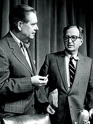 Photo of Ned Brooks and Lawrence Spivak from the radio and television program Meet the Press.  Brooks (left) was the program's moderator when the photo was taken, while Spivak was the show's producer and a permanent show panelist.  Spivak became the program's moderator after Brooks' tenure.