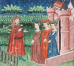 Geoffroi de La Tour Landry (i.e. the Knight of the Tower, the author of the book) is teaching to his daughters. Miniature from a manuscript of the Livre pour l'enseignement de ses filles (The Book of the Knight of the Tower) (Châteauroux, Bibliothèque Municipale, Ms 004, fol. 1)