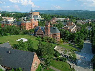 Cornell University from atop McGraw Tower looking southeast; Barnes Hall, Sage Hall