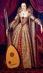 Portrait of Lady Mary Wroth (1587–1651/3), English poet, holding a theorbo.