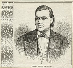 Newspaper sketch of Emerson Bennett clipped from a newspaper around 1875. The sidebar text in this image clearly shows that the image was first published in the United States prior to 1923.  It states that at the time of the publication, Bennett had been writing for over 25 years.  Since Bennett began his writing career around 1843, this image was likely published between 1875 and 1880.  The sidebar text also indicates that at the time this image was published Mr. Bennett was still alive.  However he died in 1905, so this image was clearly published well before 1923.