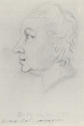 The cartographer Herman Moll sketched by William Stukeley, 1723. Manuscript text: 