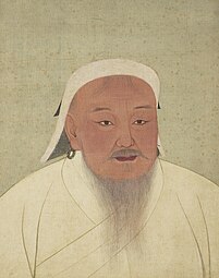 Taizu, better known as Genghis Khan. Portrait cropped out of a page from an album depicting several Yuan emperors (Yuandjai di banshenxiang), now located in the National Palace Museum in Taipei. Original size is 47 cm wide and 59.4 cm high. Paint and ink on silk.