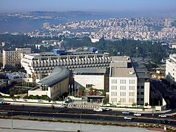 Foreign affairs office building, taken from the Crown Plaza hotel. In the background: Bank of Israel building, Jerusalem, Israel.