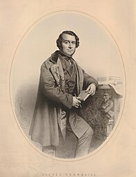 Portrait, three-quarter length, standing to right, pen in his right hand, book in his left, desk at right; in oval.  1850
Lithograph on chine collé