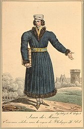 Portrait of Jean de Meun, standing to front, looking to the left, wearing fur-trimmed robe, holding a large book in his right hand, gesturing towards the right with his left hand, a castle in the background.
Hand-coloured lithograph