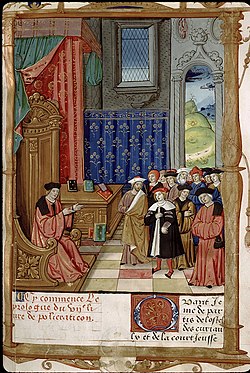 John of Salisbury teaching philosophy, frontispiece miniature of the Policraticus by John of Salisbury, translated by Denis Foulechat.