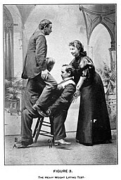 Lulu Hurst demonstrates her technique of overpowering three men on a chair.