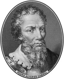Pedro Álvares Cabral, Portuguese maritime explorer, discoverer of Brazil.  This image was first published in Retratos e elogios dos varões e donas que ilustraram a nação portuguesa, a serial work (1806–17) by the company formed by Pedro José de Figueiredo, Fr. Mariano Veloso, Canon Vilela Duarte da Cunha and Jose Taborda.  The source of this reproduction is a steel engraving by the American Bank Note Company, which was used to print the 1000 cruzeiros bank notes[1] issued in 1962.