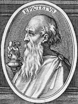 Detail of the of the philosopher Epictetus from the title page of L. Annaei Senecae philosophi Opera, quae exstant omnia, a Iusto Lipsio emendata, et scholijs illustrata. Engraved by Theodoor Galle from a design by Peter Paul Rubens.