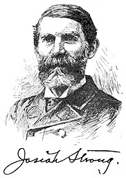 Illustration of American author and clergyman Josiah Strong (1847-1916) with replicated signature. From Book News, no. 132 (August 1893), p. 517.