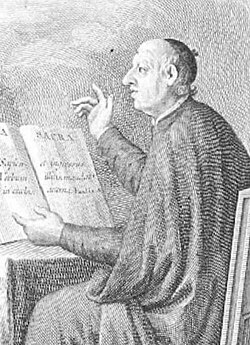 Fernando VII y Felipe Scio. ilustración de La Biblia Vulgata Latina / traducida en español y anotada conforme al sentido de los Santos Padres y expositores católicos por el P. Phelipe Scio de S. Miguel de las Escuelas Pías... Segunda edición revista, corregida y aumentada / por su mismo traductor. Madrid: en la imprenta de Benito Cano, 1794-1797. Grabado calcográfico firmado por Fernando Selma por dibujo de Antonio Carnicero. Biblioteca Nacional de España.