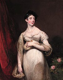 Portrait of Emily Lamb, Countess Cowper (1787-1869), three-quarter-length, in a white dress, beside a red curtain