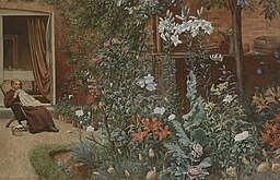 Painting A Woman Seated Sewing in a Garden 1886. This was Frederick Hamilton Jackson's garden in Queen Anne's Grove, Bedford Park, Chiswick