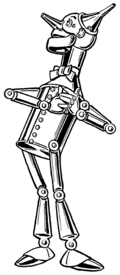 The Tin Woodman as pictured in The Wonderful Wizard of Oz by L. Frank Baum, with blue chapter plate and stray dots removed.