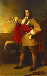Robert Blake, General at Sea, 1598-1657
This retrospective, highly romanticized portrait was painted some 170 years after Blake's death. It shows him full-length to the left, wearing a breast-plate and leather coat with a red sash and cloak, breeches, and stockings. He wears red ribbons on his shoes. He stands on the deck of a ship and, holding a sword in his gloved right hand, he points it over the gunwale and out to sea. He holds his other glove in his left hand and stands in front of a cannon, while to the right in the foreground the sheath of his sword lies on the deck. 
Blake was one of the first to take up arms against King Charles I and as commander of the navy of Oliver Cromwell's Commonwealth became one of the most renowned seamen in English history. In 1640 he was elected to the Short Parliament and his staunch Puritanism led him to join the Parliamentary cause against King Charles I at the outbreak of the Civil War in 1642. He soon won fame as a general by brilliantly defending Lyme, Dorset, in 1644 and by holding Taunton, Somerset, from its besiegers for more than a year 1644-45. He was appointed General-at-Sea in 1649 and led the English fleet against the Dutch, 1652-54, and against the Spanish 1656-57. His articles of war and fighting instructions represented fundamental reforms, which helped to lay the foundations of England's maritime supremacy. The artist has played on 19th-century interest in the heroic to create this portrait, which was commissioned by Sir Robert Preston Bt., one of the Directors of Greenwich Hospital, for presentation to the Naval Gallery there in 1829. It was reputed to be based on a contemporary miniature of Blake.

Robert Blake, General at Sea, 1599-1657