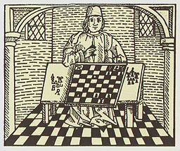 An woodcut drawn from Caxtons chess book printed in england in 1474.