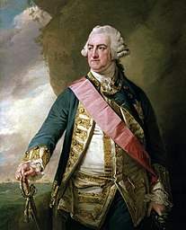 Portrait in three-quarter-length showing the sitter turning to the right but facing towards the left. He wears flag-officer's undress uniform, 1767-83, of blue jacket and gold braid with the ribbon and star of the Order of Bath and a tie-wig. He holds his sword in his right hand and stands against a rocky background with, on the left, the fleet at anchor together with a barge flying the Union flag.