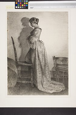 Marie Grubbe, kort efter skilsmissen fra Ulrik Frederik Gyldenløve. Helfigur stående i profil mod venstre