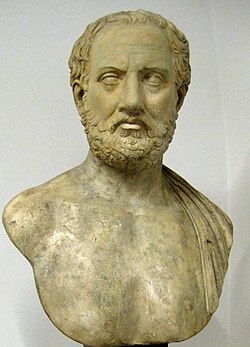 Thucydides. 
This is the plaster cast bust currently in exposition of Zurab Tsereteli's gallery in Moscow (part of Russian Academy of Arts), formerly from the collection of castings of Pushkin museum made in early 1900-1910s.

Original bust is a Roman copy (c. 100 CE) of an early 4th Century BCE Greek original, and is located in Holkham Hall in Norfolk, UK.