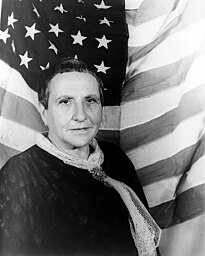 
Portrait of Gertrude Stein, with American flag as backdrop
