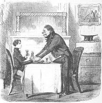 Great Expectations, Uncle Pumblechook clasping Pip's hands after being endowed with his great expectations, by John McLenan.